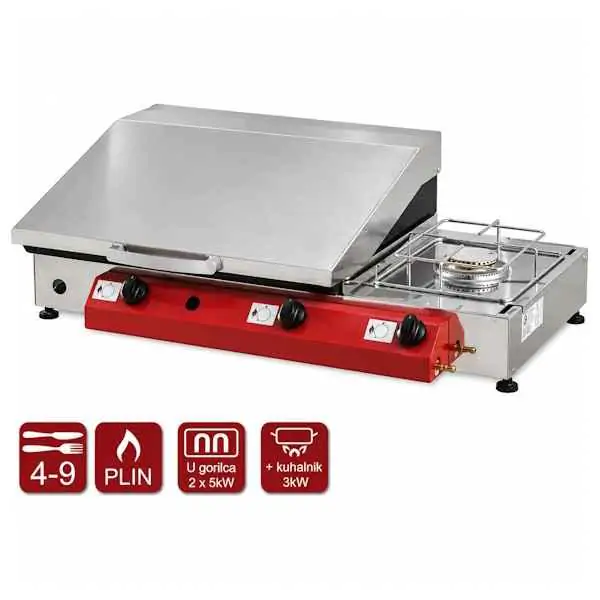 Stoni plinski roštilj, inox 80 x 40 sa kuvalom, Fe 5mm ploča, dva gorionika sa inox poklopcem Gurman 80k - Trend