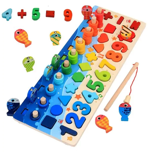 Drvena igračka-tabla sa brojevima, prstenovima i ribicama