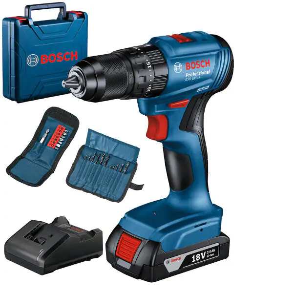 Bosch GSB 185-Li Akumulatorska vibraciona bušilica - odvrtač 18V, 1x2,0 Ah + 23-delni set pribora u koferu