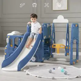 Dečiji plavi vozić sa toboganom, ljuljaškom i ostavom za igračke