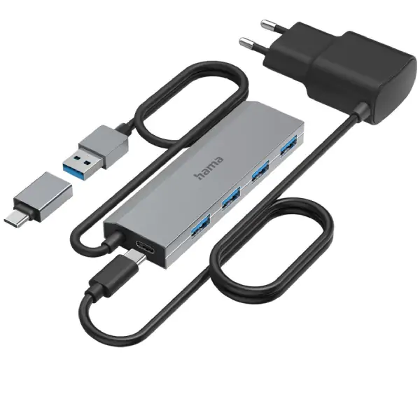 HAMA USB Hub, 4 Ports, USB 3.2 Gen 1,5 Gbit/s USB-C adapter i PSU