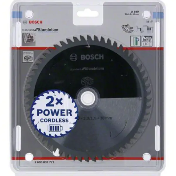 Standard for Aluminium list kružne testere za akumulatorske testere 190x2,0x30 T56 Bosch 2608837771, 190x2,0x30 T56