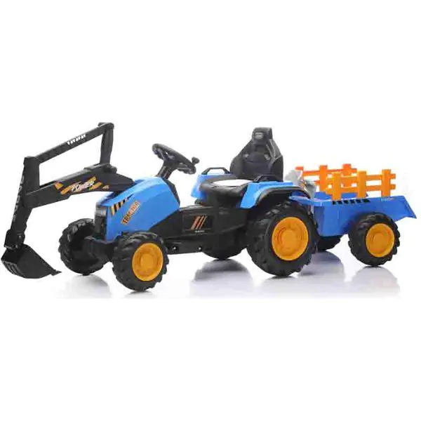 Dečiji traktor na akumulator sa prikolicom i kašikom 12V – Plavi | Daljinski upravljač, Bluetooth, LED svetla - proizvod na akciji