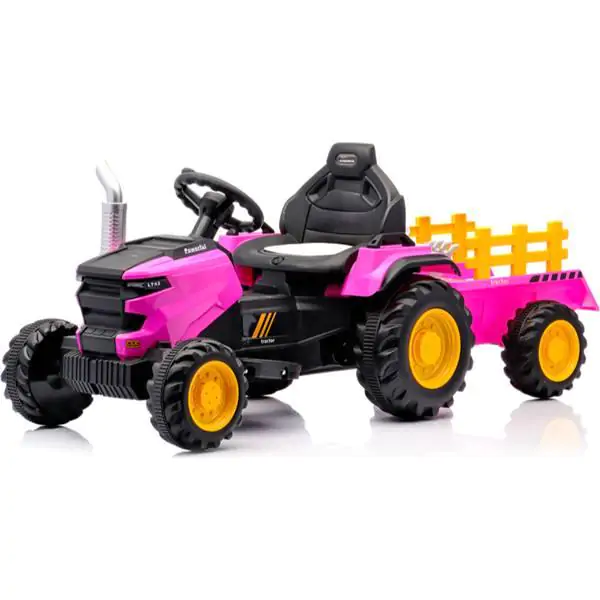 Dečiji traktor na akumulator sa prikolicom i daljinskim upravljačem Roze – 12V, Bluetooth, USB i LED svetla - proizvod na akciji