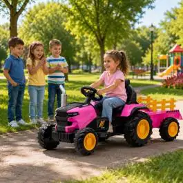 Dečiji traktor na akumulator sa prikolicom i daljinskim upravljačem Roze – 12V, Bluetooth, USB i LED svetla