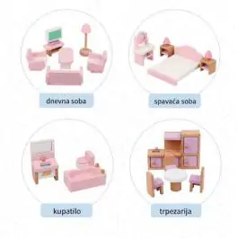 Dečija drvena kućica sa nameštajem - roze MSN19029
