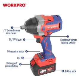 Aku. udarni ključ 20V (bez četkica), 850 Nm - WORKPRO WP390213