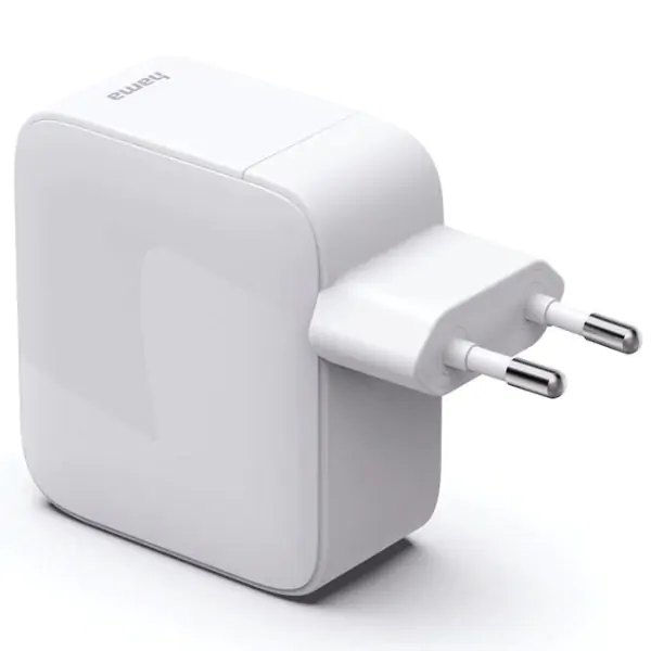 Hama brzi punjač GaN, 2xUSB-C, PD 65W, beli, kabl  koji se izvlači