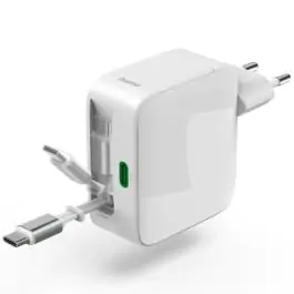 Hama brzi punjač GaN, 2xUSB-C, PD 65W, beli, kabl  koji se izvlači