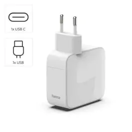 Hama brzi punjač GaN, 2xUSB-C, PD 65W, beli, kabl  koji se izvlači