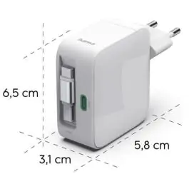 Hama brzi punjač GaN, 2xUSB-C, PD 65W, beli, kabl  koji se izvlači